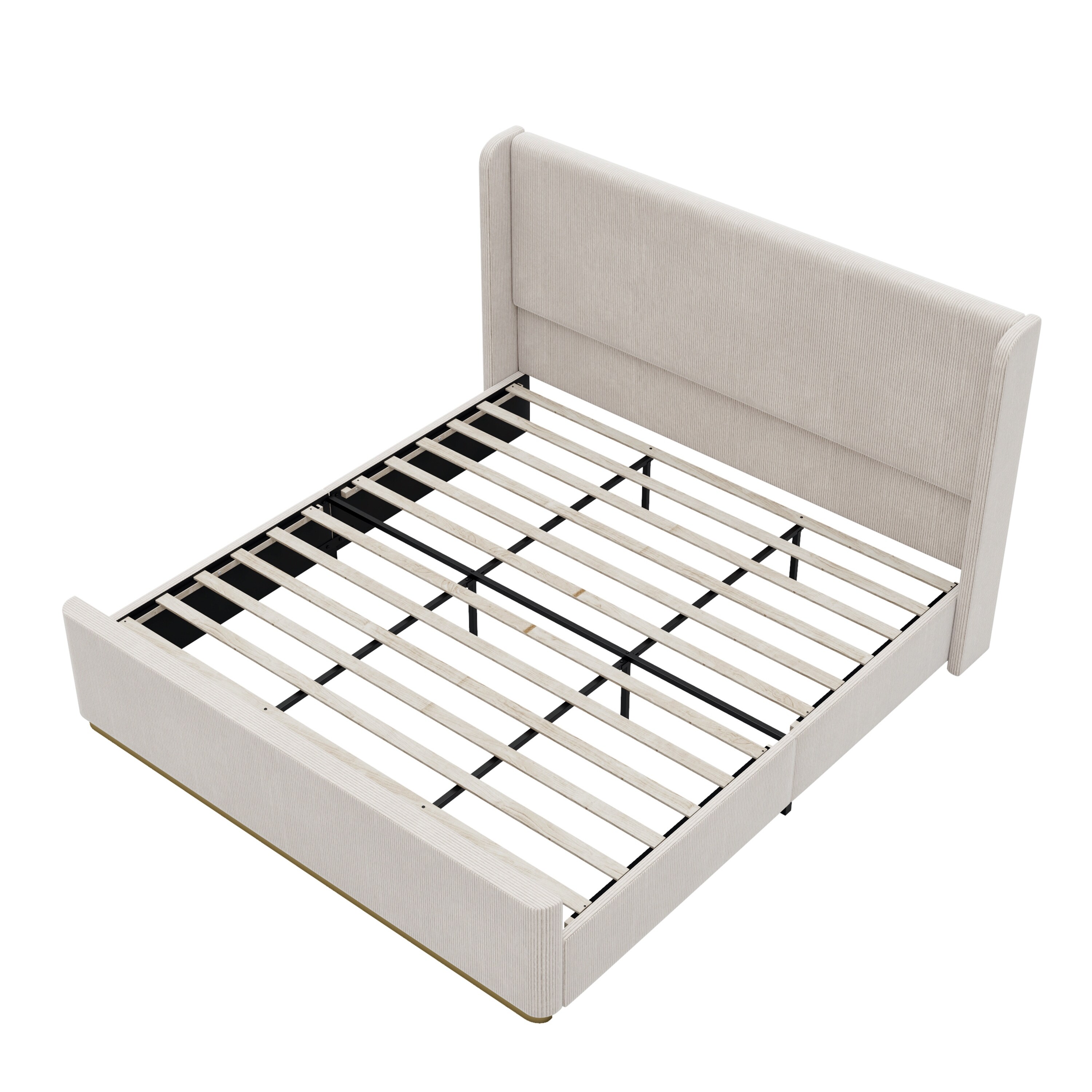 King Size Upholstered Bed with Corduroy Fabric, Wingback Headboard, Metal Frame, and Wooden Slats