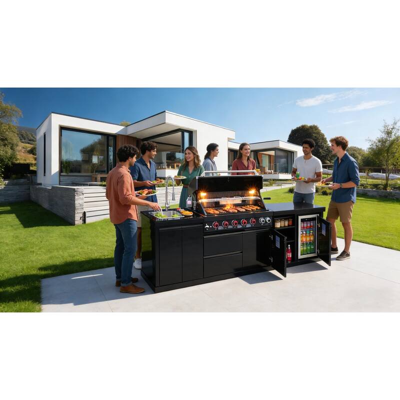 GDFStudio Viremont Stainless Steel Outdoor Kitchen Island Grill with 6 Burners, Refrigerator and Rotisserie