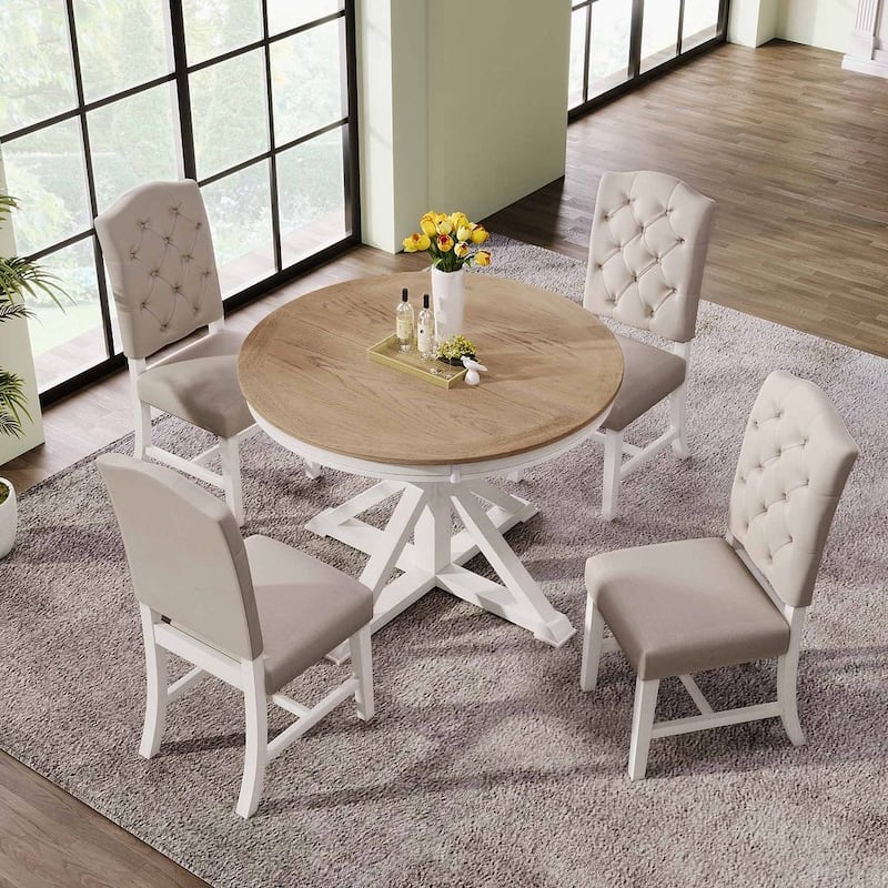 5-Piece Dining Set with Extandable Round Table - 1 x Table + 4 x Chairs - Oak Natural Wood/Off White