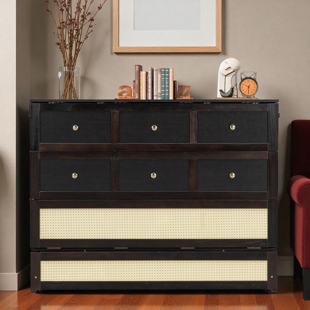 Full Size Murphy Bed with Large Storage Drawers, Space-Saving Foldable Wall Bed with Elegant Front Design