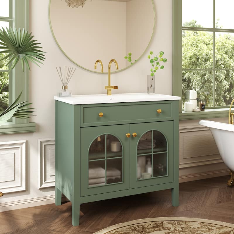 35.6-Inch Mid-Century Bathroom Vanity Sink with Patterned Glass & Motion-Sensor Light, Farmhouse Storage Vanity