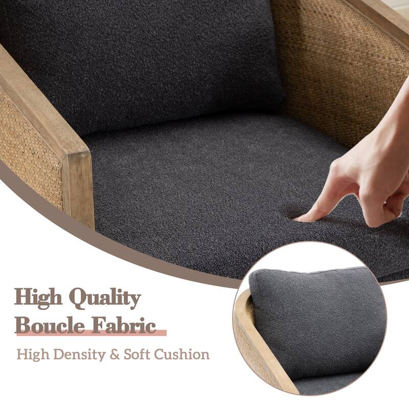 Boucle/Leather Upholstered 360 Degree Swivel Round Barrel Club Chair