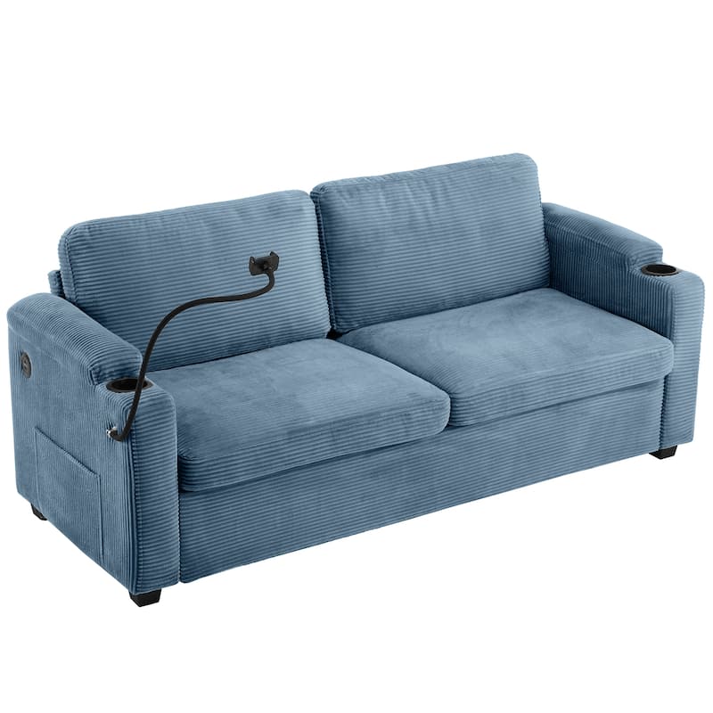 72.8" Corduroy Sleeper Sofa with Full Size Mattress and USB Ports, Loveseat Sofa with Cup Holders and Side Pockets