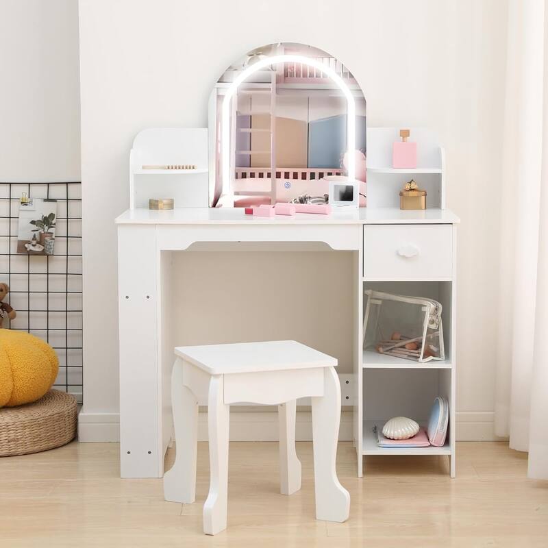 Kids Vanity Set with Lighted Mirror and Stool, 2-in-1 Makeup Tabl, for Girls Ages 3–9