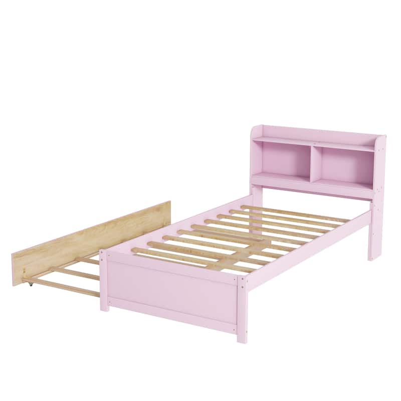 Wood Platform Bed with Trundle Bed, Storage Bed with Bookcase Headboard, Captains Bed, Wood Slat Support, No Box Spring Needed