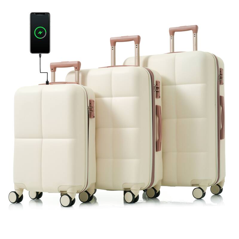 Merax 3 Piece Carry-on Luggage Set, ABS Hard Shell Lightweight Durable Luggage w/USB Port, Cup Holder and Spinner Wheels - Beige+Gold