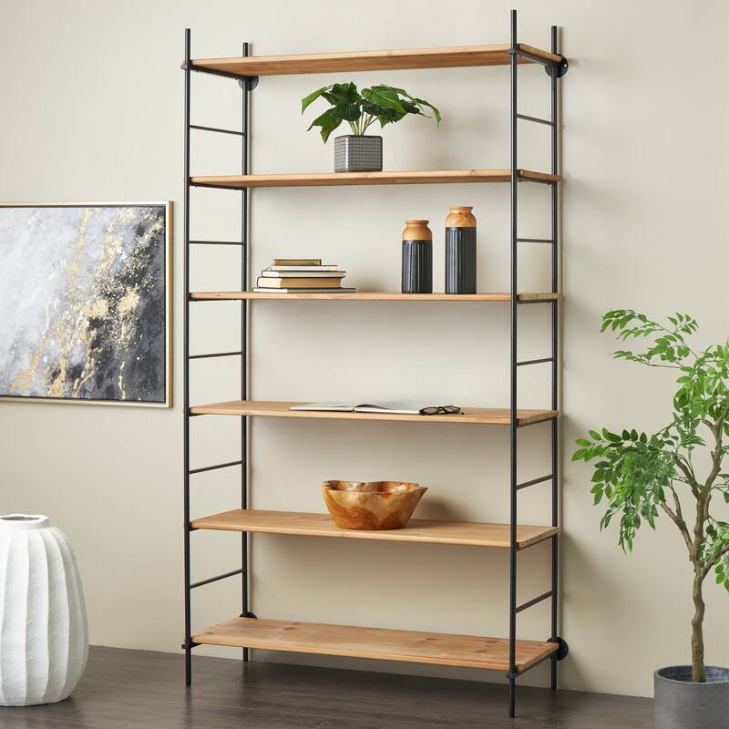 Wood Rectangular 6 Level Shelving Unit with Black Metal Ladder Frames - Brown - Roche River Decor