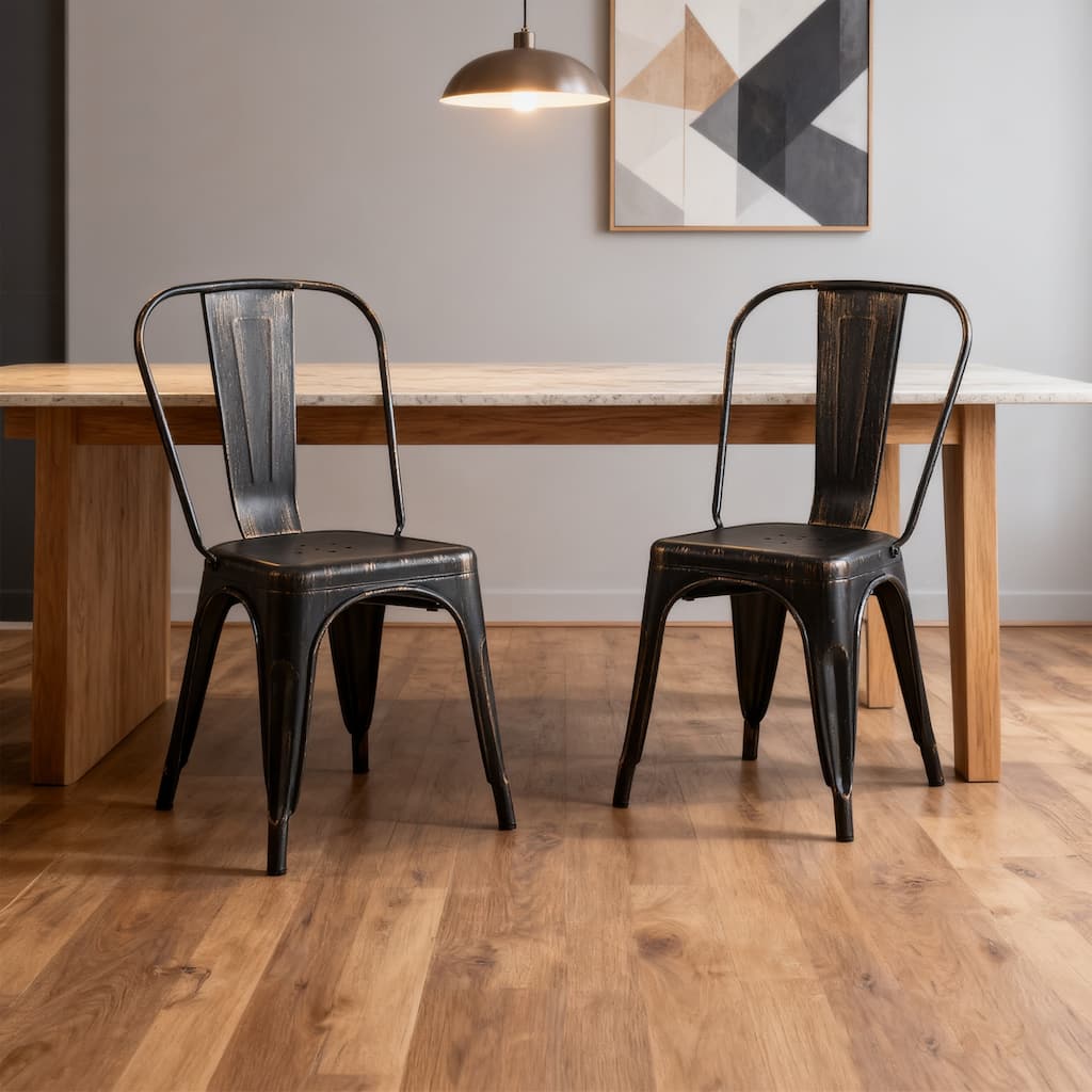 18" Modern Industrial Metal Stackable Sanded Black Dining Chair, 2PCS - 18" W X 18" D X 33" H