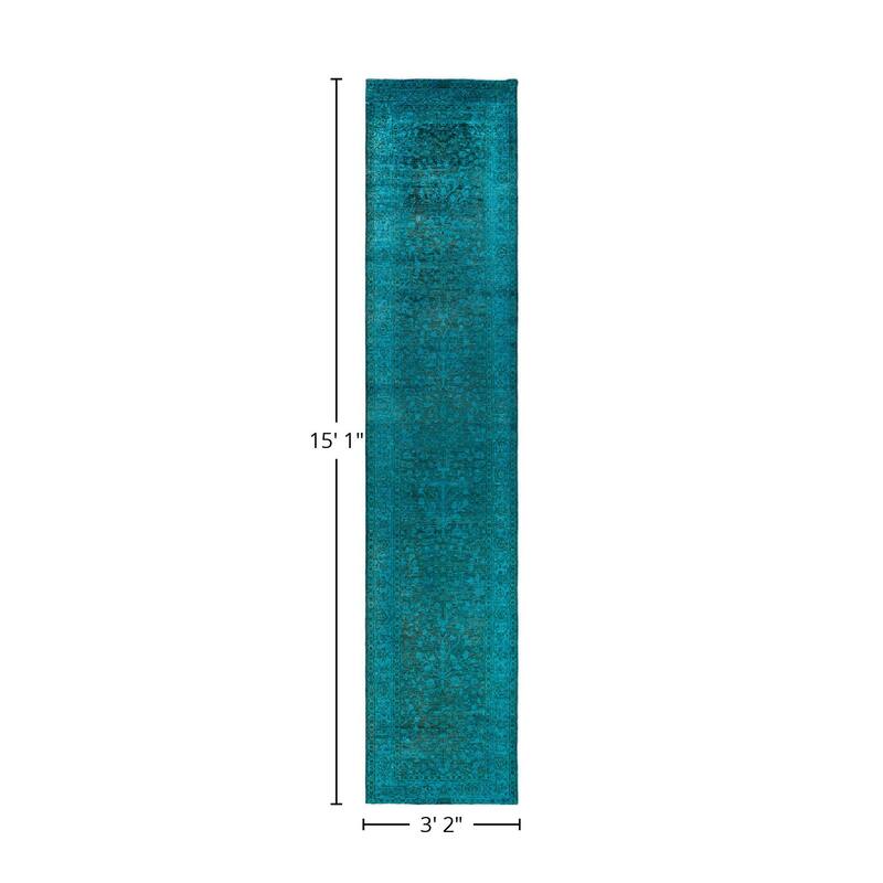 Overton Hand Knotted Wool Vintage Inspired Modern Contemporary Overdyed Blue Runner Rug - 3' 2" x 15' 1"