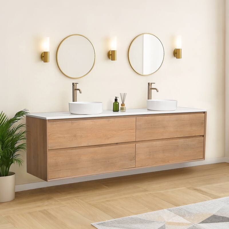 84" Floating Bathroom Vanity Quartz Counter Top with Double Ceramic Vessel Sink