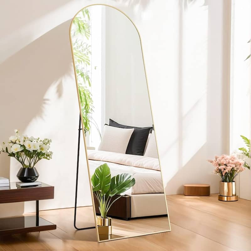 Arched Mirror Full Length, 21"x64" Body Wall Mirrors Shatter-Proof Glass, Large Tall Arch Mirror with Stand Aluminum Alloy Frame - Gold