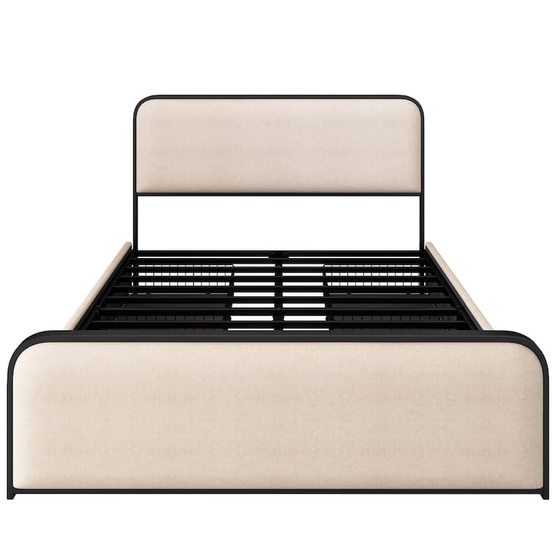 Modern Queen Size Metal Storage Bed Frame w/ Curved Upholstered Headboard and Footboard Bed & 4 Storage Drawers, Beige