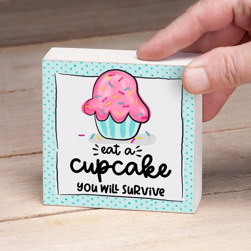 Wood Block Décor Message Eat A Cupcake Sign, 3.75 inches Square, Made in The USA - Multi-53