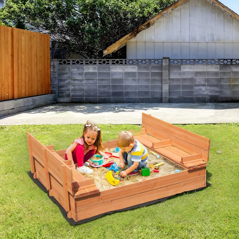 Natural Wooden Sandbox with Foldable Bench Seats and Bottom Liner Perfect Gift for Kids - 52.4” x 47.2” x 16.9”
