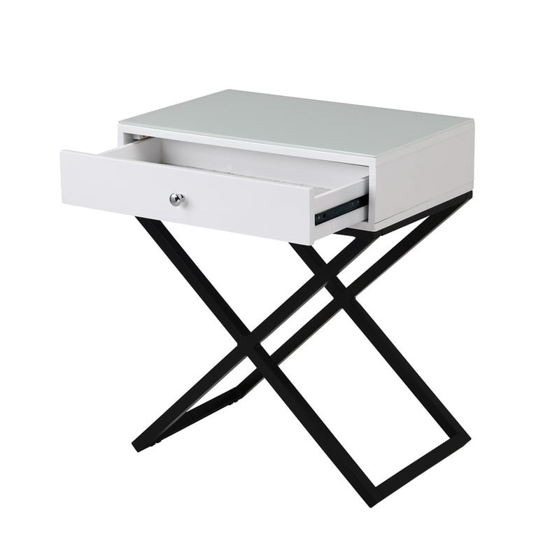 Koda Wooden Side Table Nightstand w/ Glass Top, Drawer and Metal Base