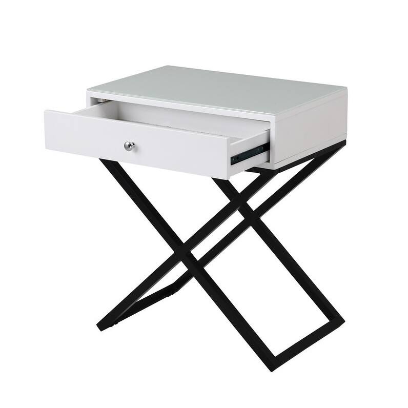 White Wooden End Table with Glass Top and Metal Cross Base