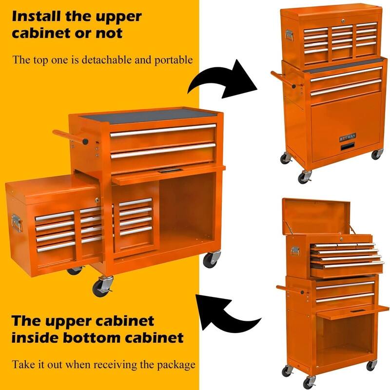 Tool Chest Box Combo with 8 Drawer 24"W, Rolling Tool Storage Cabinet