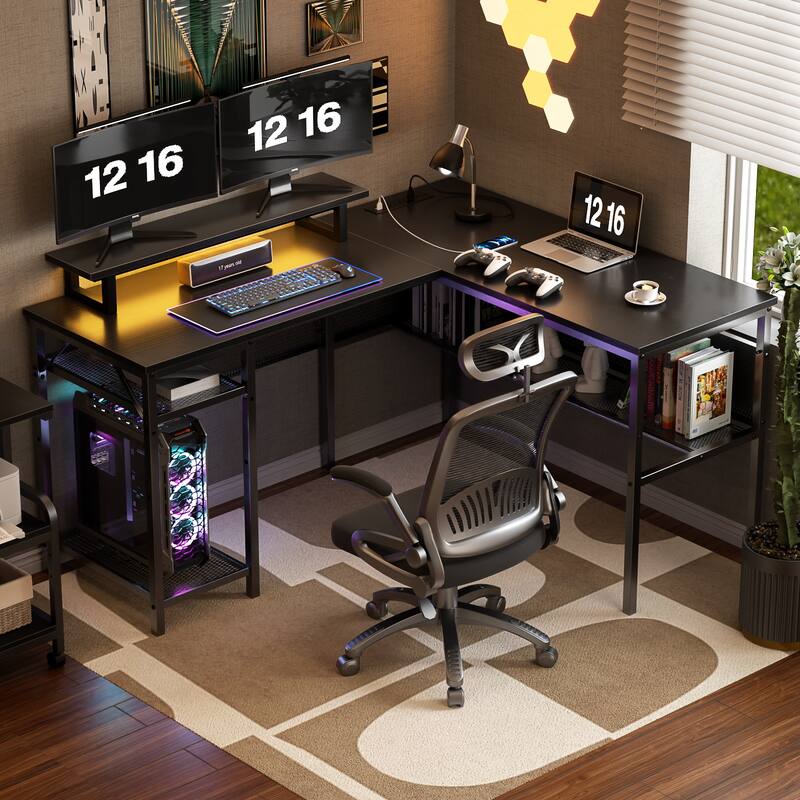 Computer Desk L-shaped Desk with Power Outlets and RGB LED and Monitor Stand - Black