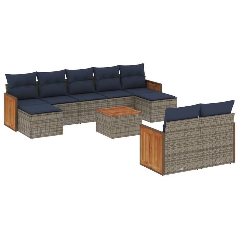 vidaXL 9/10 Piece Patio Sofa Set with Cushions Black/Gray Poly Rattan - 21.7 x 24.4 x 27.2