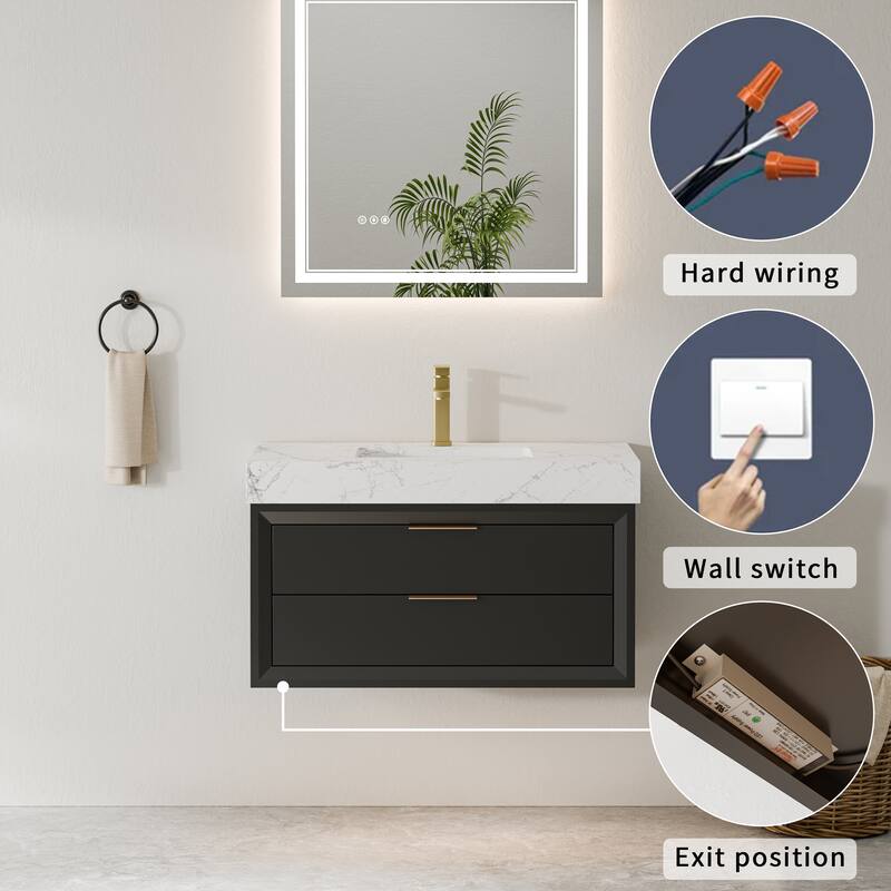Modland 36" Wall-Mount Vanity with LED Light & 2 Soft-Close Drawers - Solid Oak, Black,White,Blue,Green - 36 inch