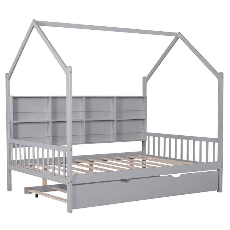 Full Pine Kids House Platform Bed with Trundle, Shelf, and Roof