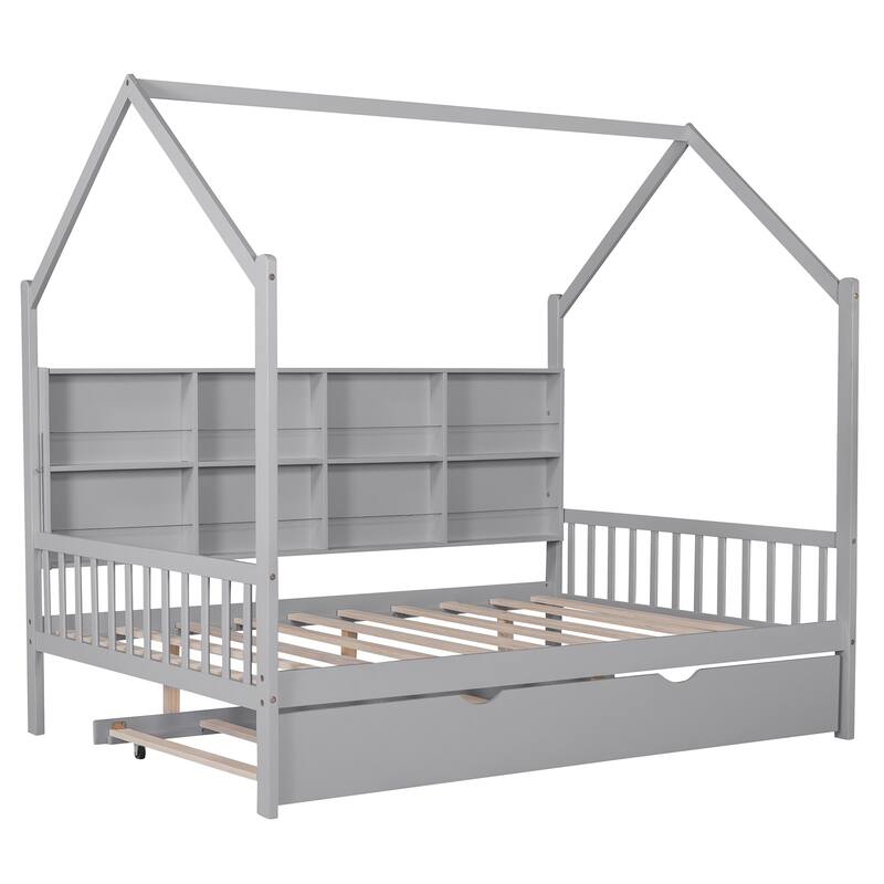 Pine Kids House Platform Bed with Trundle, Shelf, and Roof