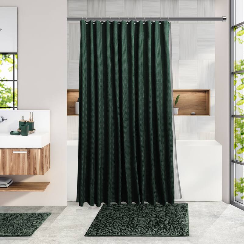 Empyrean Bamboo Bathroom Accessories Set with Shower Curtain Set, Toilet Brush, Trash Can & Soap Dispenser