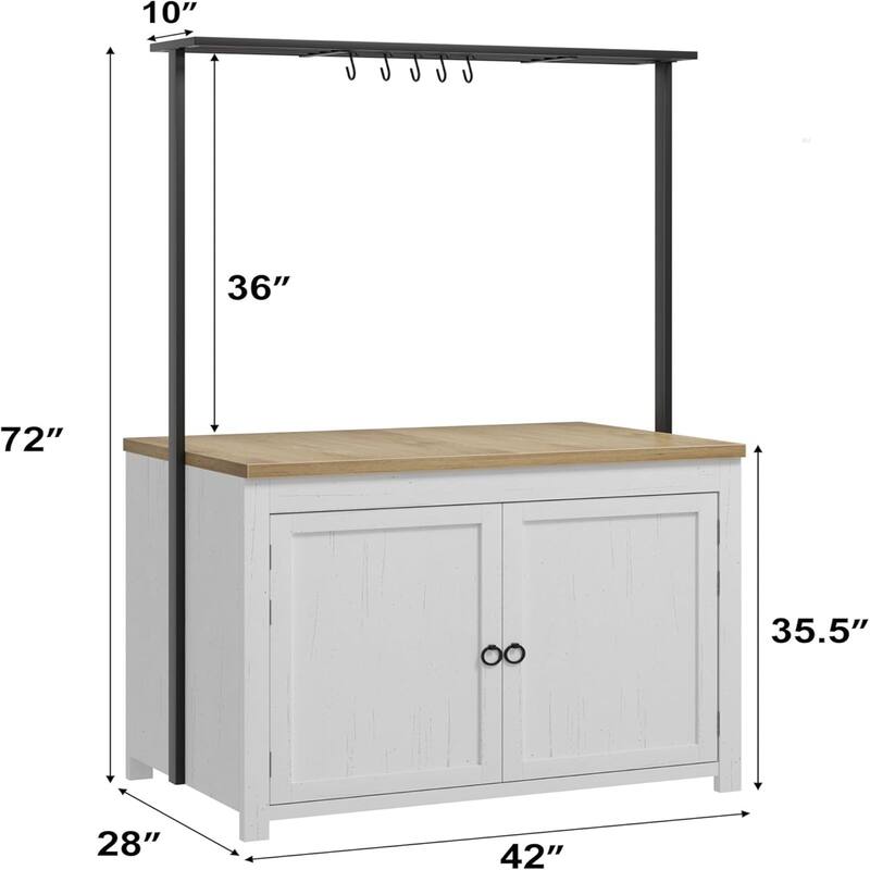 41" Kitchen Island with Storage, 1.2" Countertop with Double Shelves, 5 Hooks, Metal Coffee Bar Table, Black