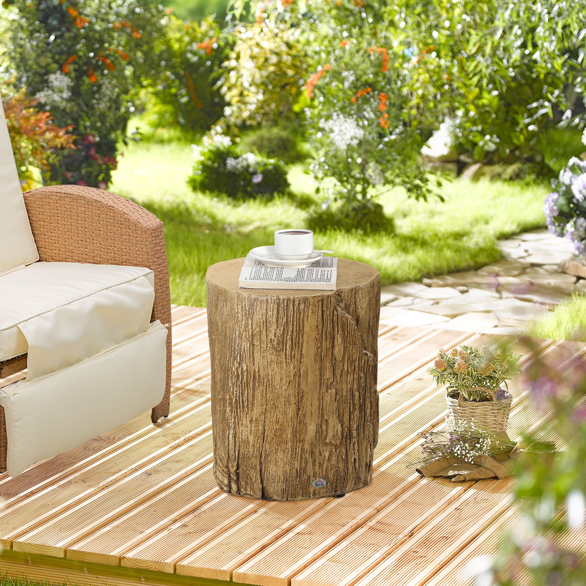 HOMCOM Decorative Side Table with Round Tabletop, Tree Stump Shape End Table with Wood Grain Finish, for Indoors and Outdoors