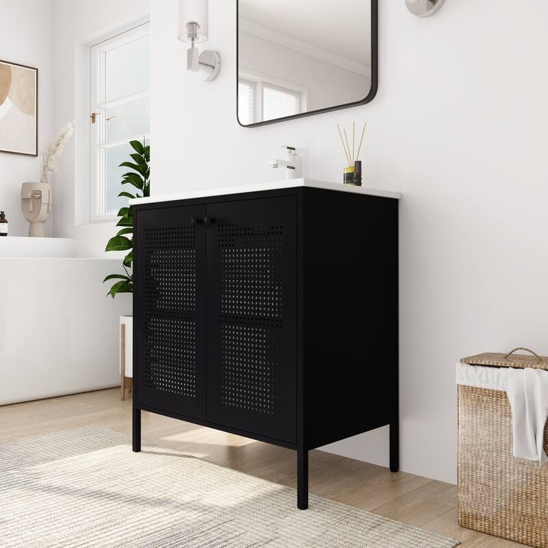 30-Inch Modern Freestanding Bathroom Vanity with Ceramic Sink, Cold-Rolled Steel Frame, Adjustable Shelves - 30in L Steel