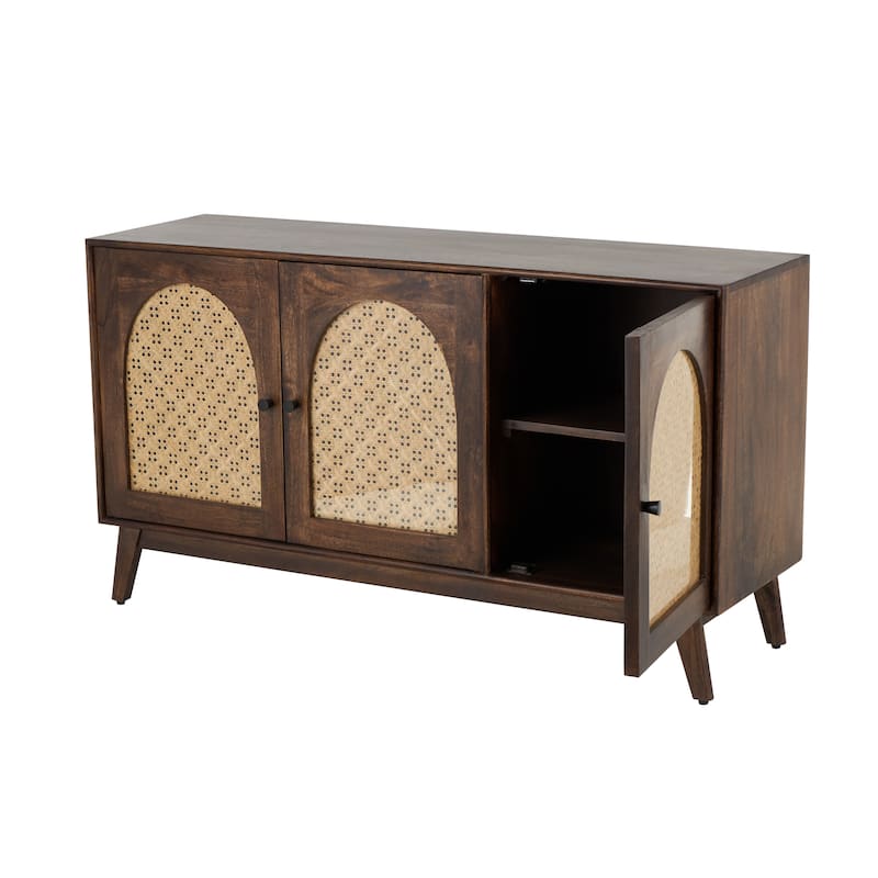 Mango Wood Handmade 3 or 2 Door and 2 Shelf Cabinet with Rattan Front and Black Knobs - Brown - Roche River Decor