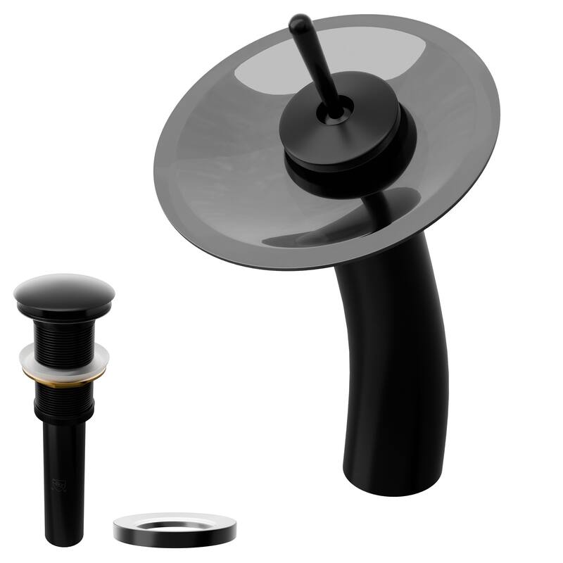 Novatto GF-001MB-S-PUD FALLS Single Lever Waterfall Vessel Faucet Drain Set, Black/ Smoke Glass - Black