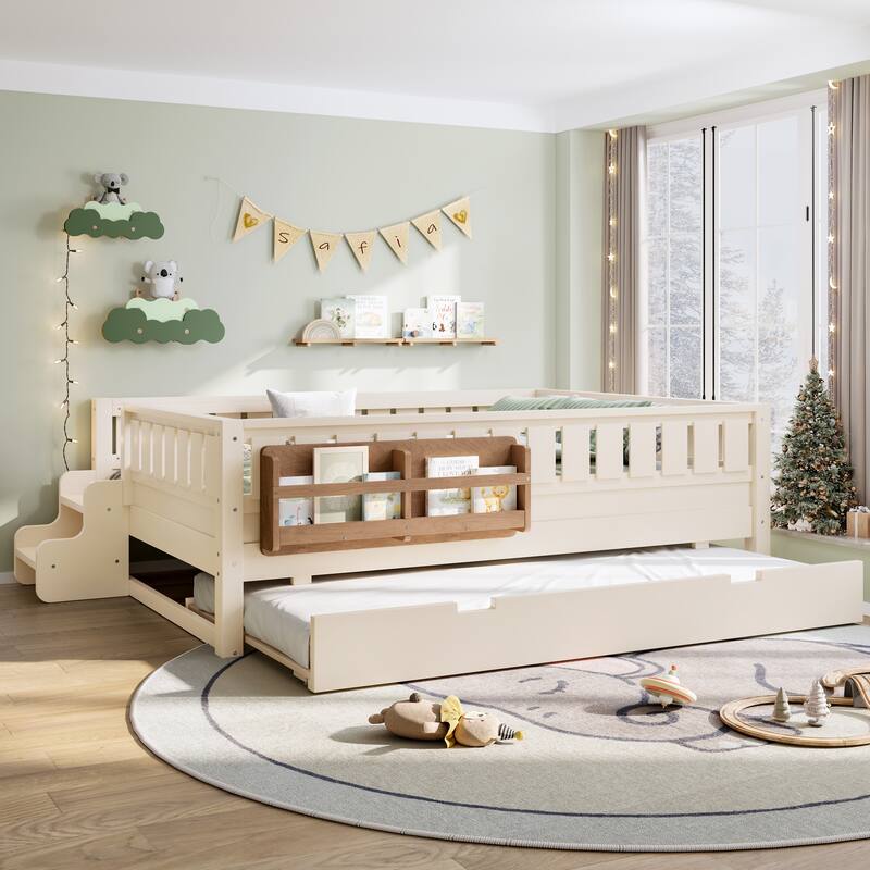 Full with Built-in Bookshelves and Small Staircase, High-Quality Safety Rails, and Trundle