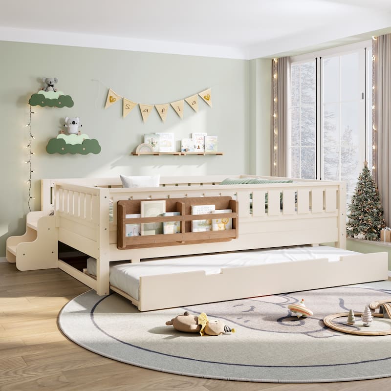 Montessori Toddler Bed with Fence, Low Profile Platform Bed for Kids with Trundle, Built-in Bookshelf and Small Staircase