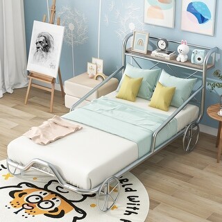 Silver Metal Car Platform Bed with Guardrails, Shelf, and Four Wheels