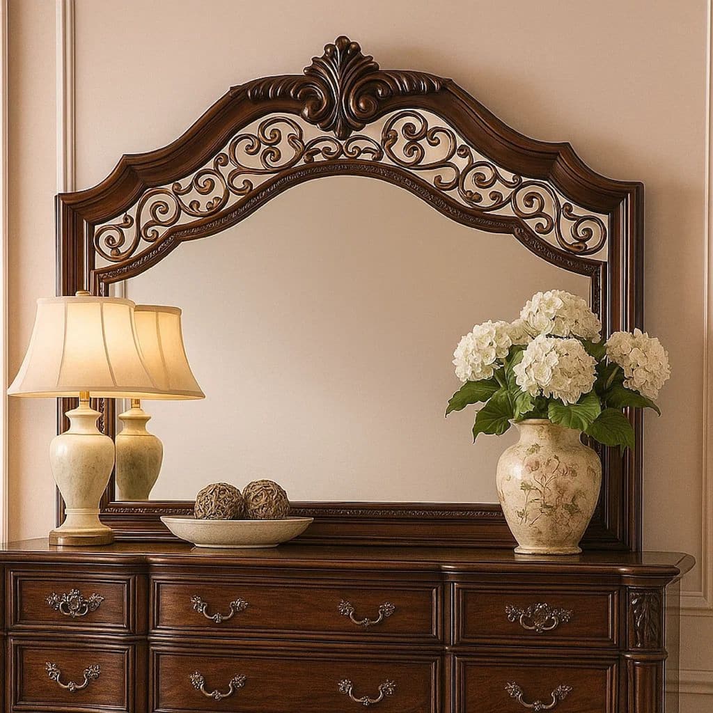 Molded Wooden Frame Mirror with Ornate Detailing, Brown By Casagear Home
