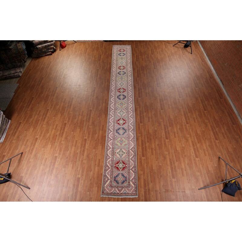All-Over Gray Kazak Oriental Runner Rug Hand-Knotted Wool Carpet - 2'8" x 20'0"