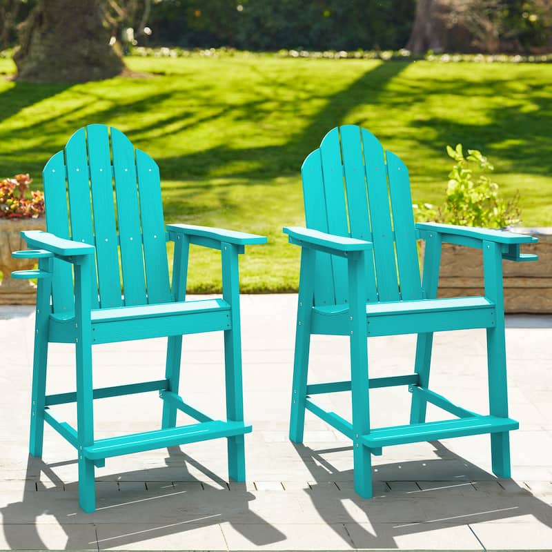 LUE BONA Outdoor Adirondack Chairs with Cup Holder Bar Height Adirondack Bar Stool with Arms for Patio, Garden, Deck (Set of 2) - Aruba Blue