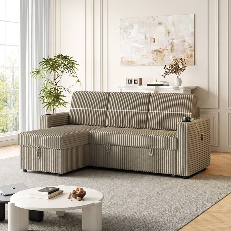 85 Inches Corduroy Sofa Bed, 3 Seater Sleeper Sofa with Storage Chaise
