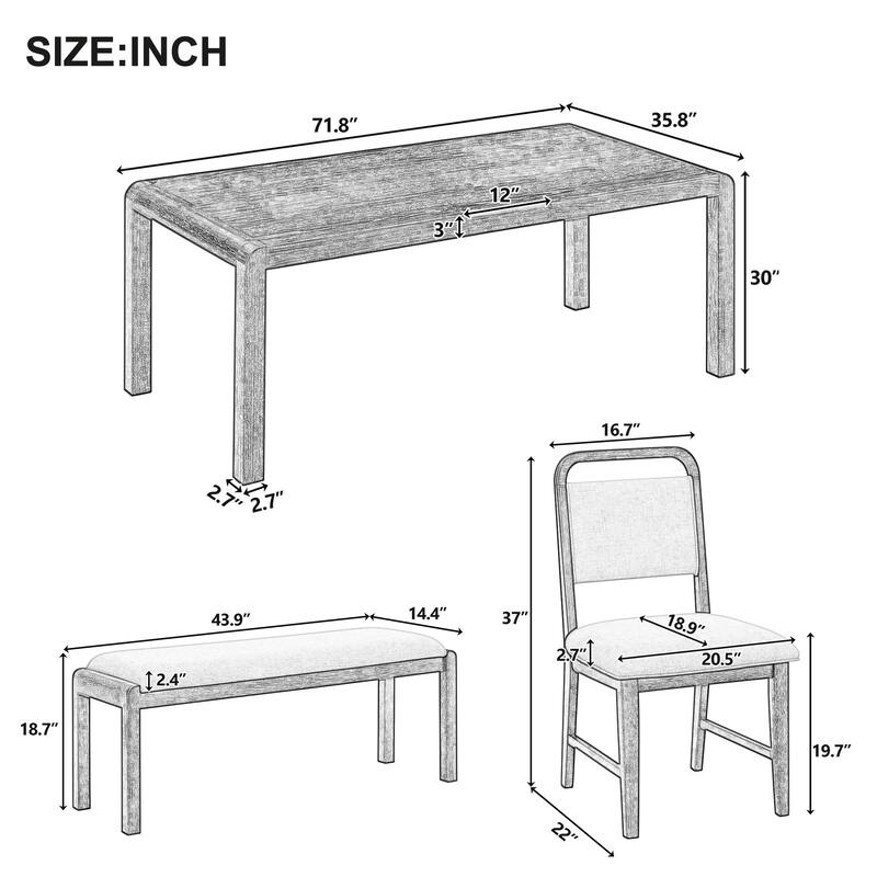 Roomfitters Extendable Dining Table Set for 4-6, Farmhouse Table with Upholstered Chairs & Bench, Rustic Curved Design