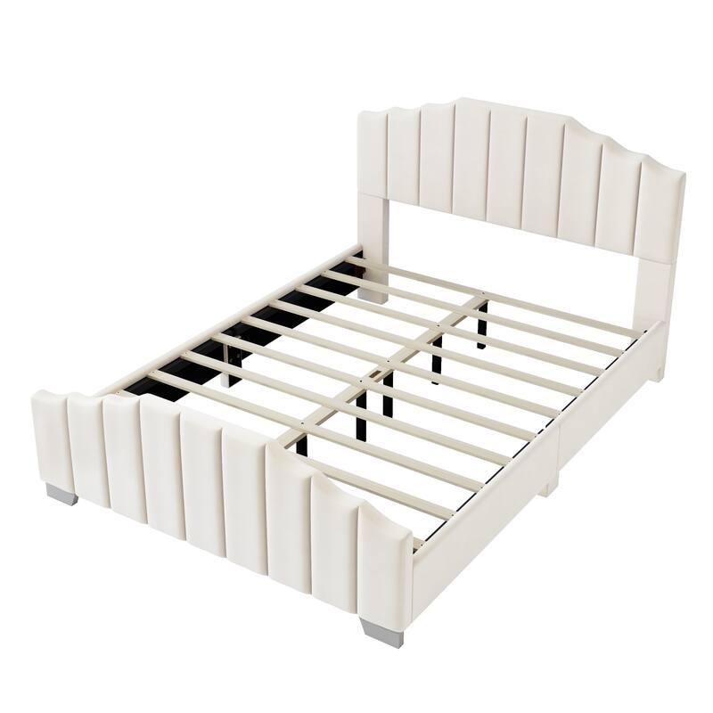 Velvet Upholstered Platform Bed Frame Vertical Channel Wingback Bed Tufted Headboard Footboard, Low Profile Panel Bed - Beige - Queen