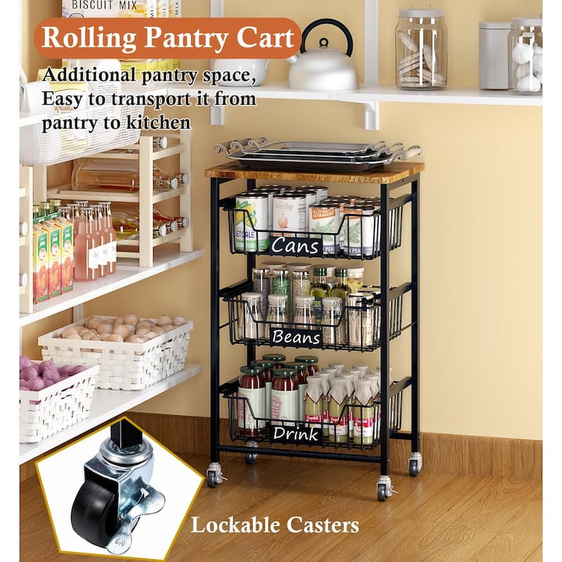 4-Tier Small Kitchen Storage Cart on Wheels, Metal Fruit Basket Stand with Pull-Out Baskets & Wood Top