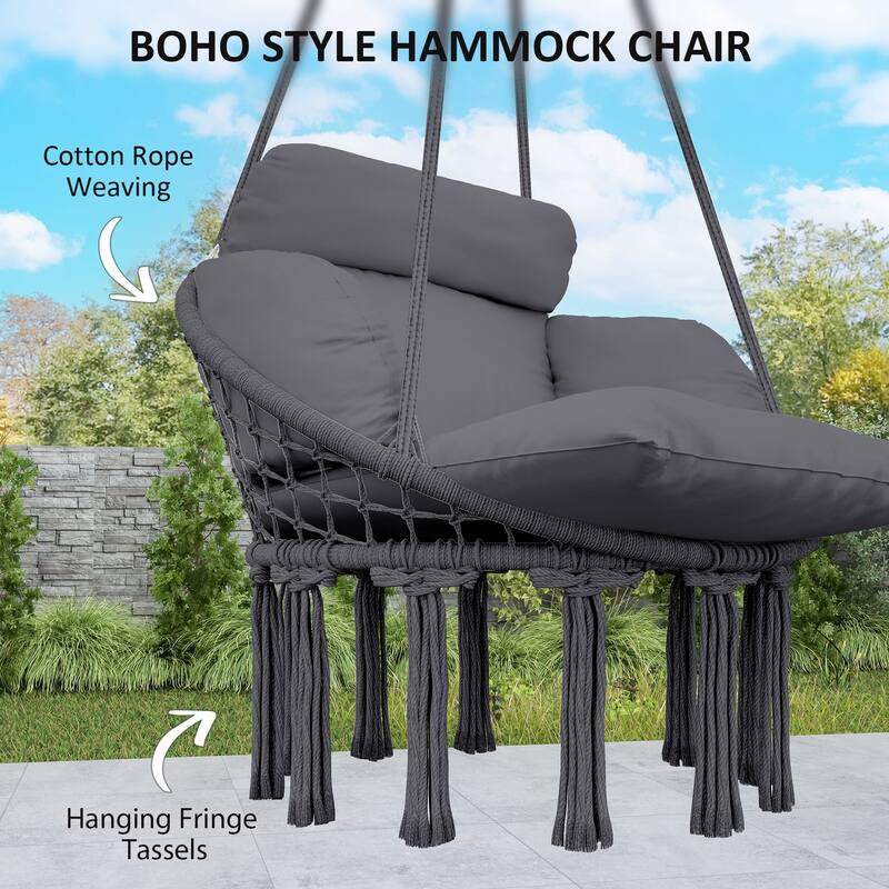 Cotton Blend Hammock Chair with Steel Frame and Comfy Cushion Fringe for Patio or Living Room - 31.5" W x 23.6" D x 15.7" H