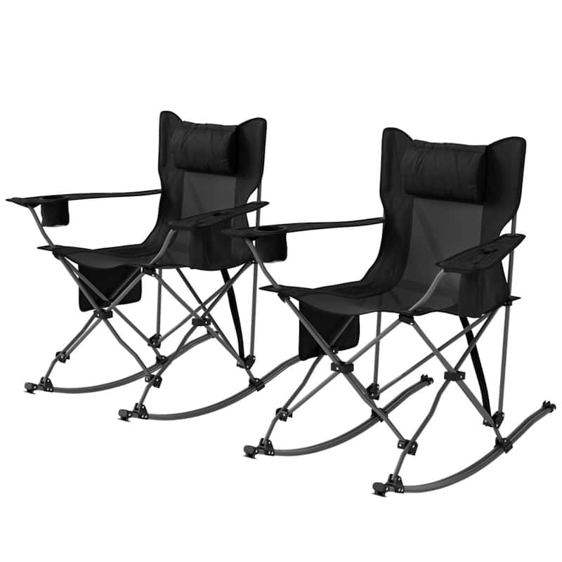 Oxford Mesh Folding Camping Chairs Set of 2 with Cup Holder - 35.4" W x 35.4" D x 37.4" H - Black