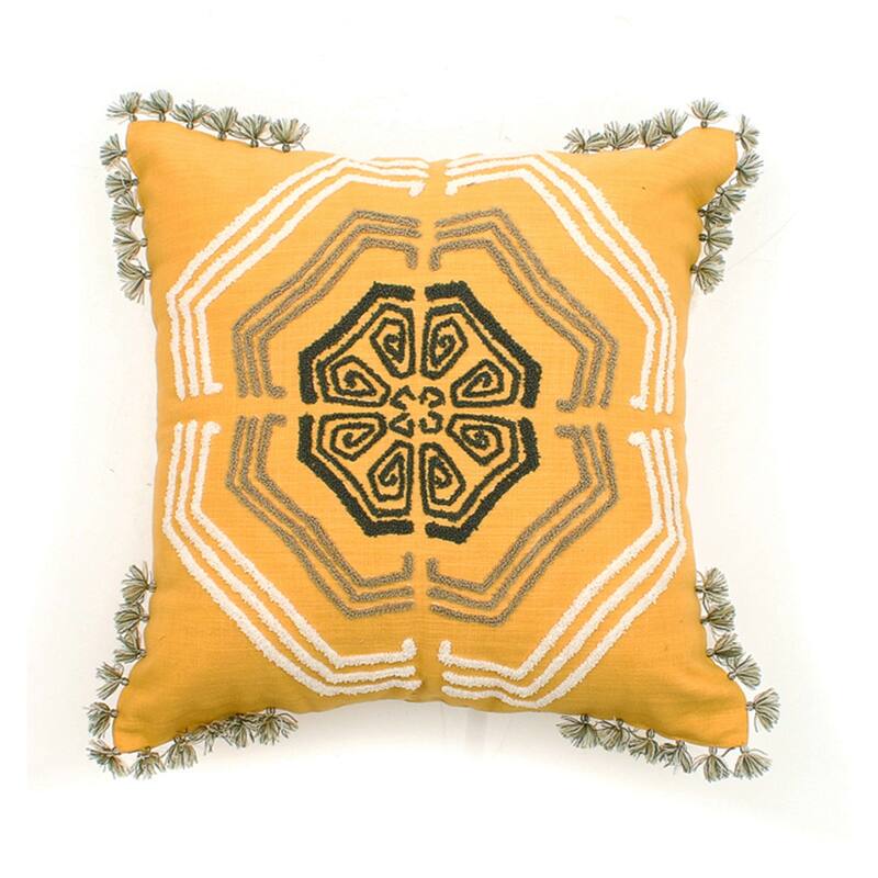 Jiti Indoor Zangoora Bohemian Eclectic Tufted Medallion Tasseled Patterned Square Throw Pillows 20 x 20 - Yellow
