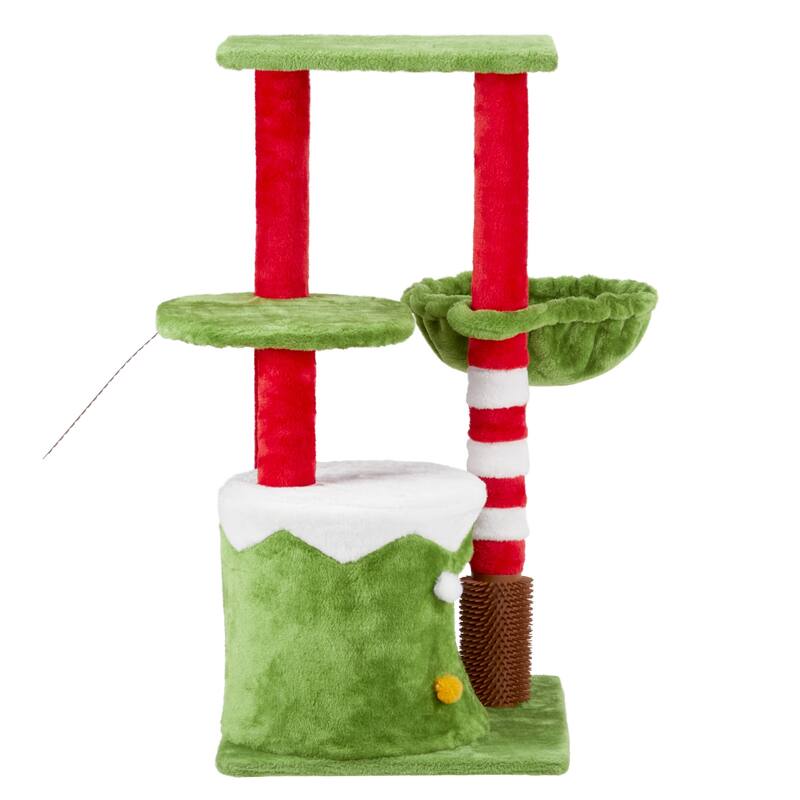 Cat Scratching Posts Tower With Cat Condo And Hammock, Christmas Themed Plush Cat Tree With Cat Massage Brush