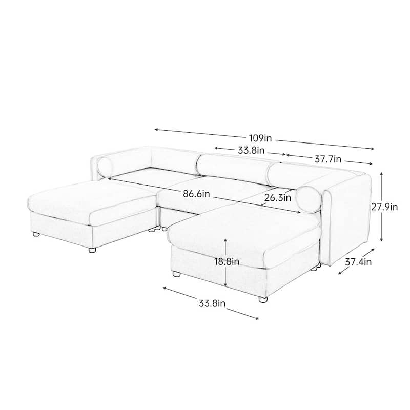 Modern 3-seater Chenille Sectional Sofa with Hidden Storage Seats & Ottoman