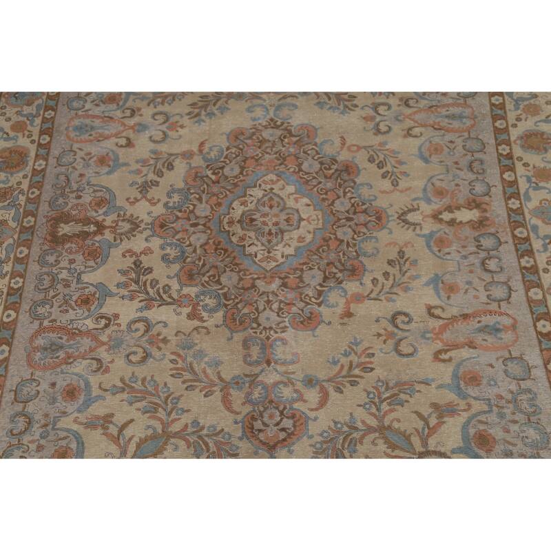 Distressed Floral Tabriz Persian Vintage Area Rug Handmade Wool Carpet - 9'4"x 12'10"