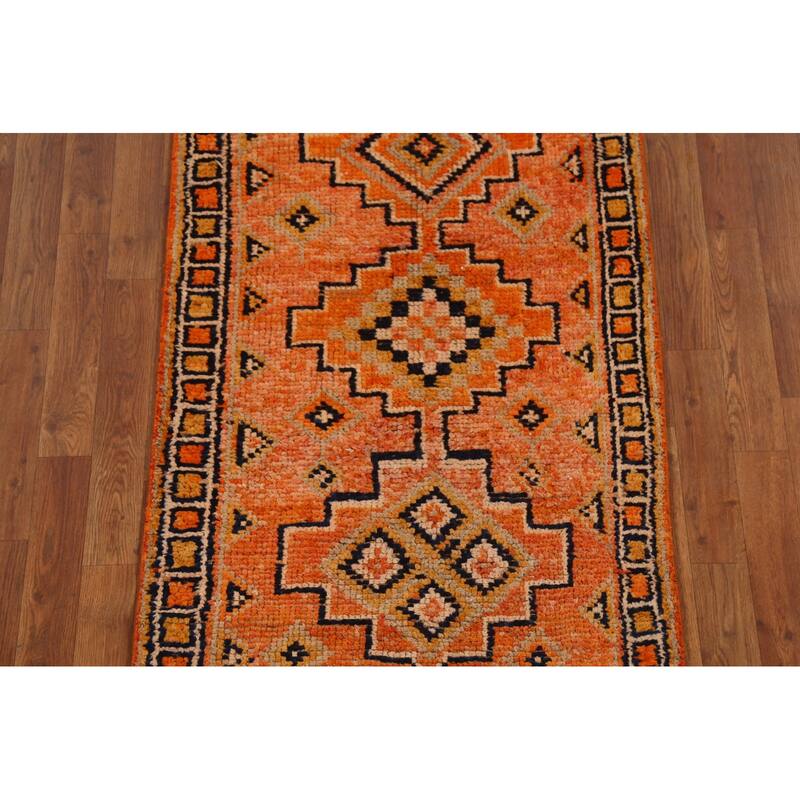 Orange / Geometric Oushak Vintage Runner Rug Handmade Wool Carpet - 2'8"x 11'4"