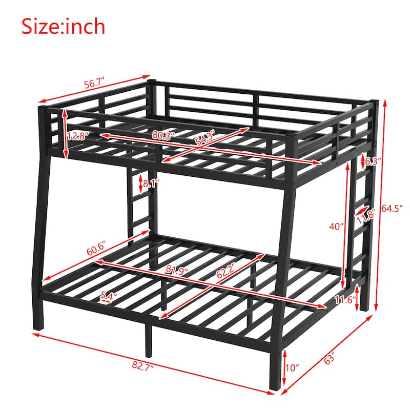 Full XL over Queen Size Metal Bunk Bed with Space-Saving Design and Ladder for Teens